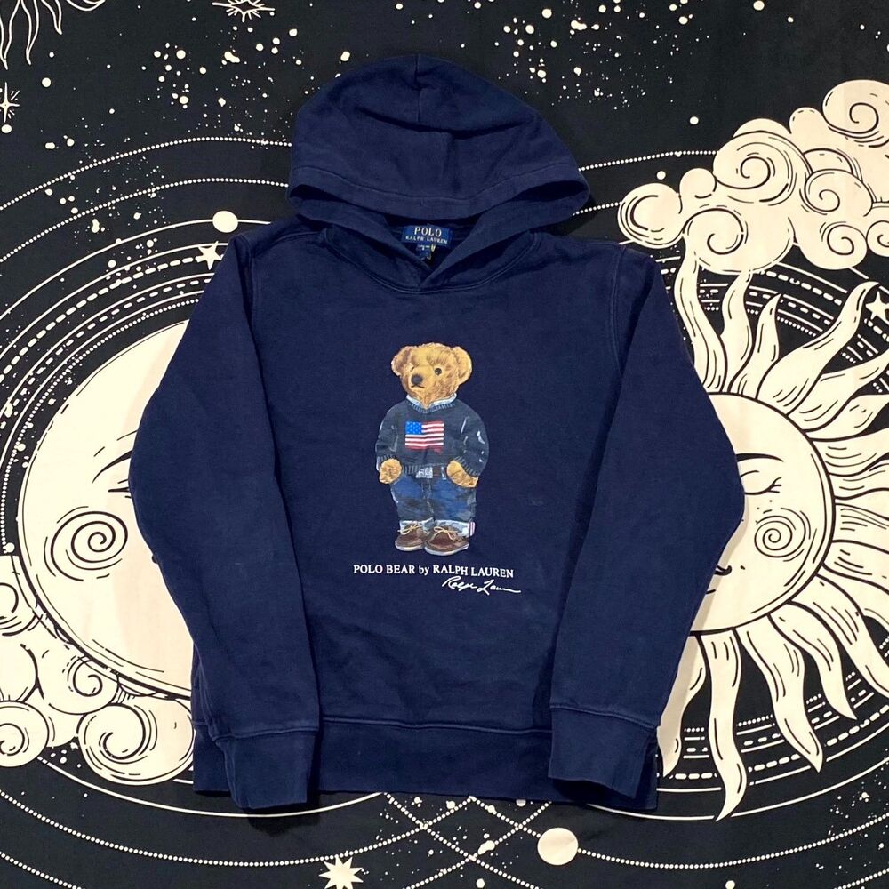 Polo Ralph Lauren Polo Bear Hoodie Boys L Blue Fleece Lined Sweatshirt Pullover